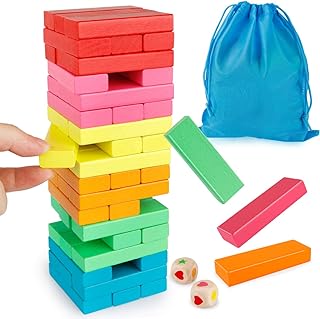 Coogam Wooden Blocks Stacking Game Colorful Toppling Tower Building Blocks | Balancing Puzzles Toys with Storage Bag, Learning Educational Sorting Family Games Montessori Toys Gifts for Kids
