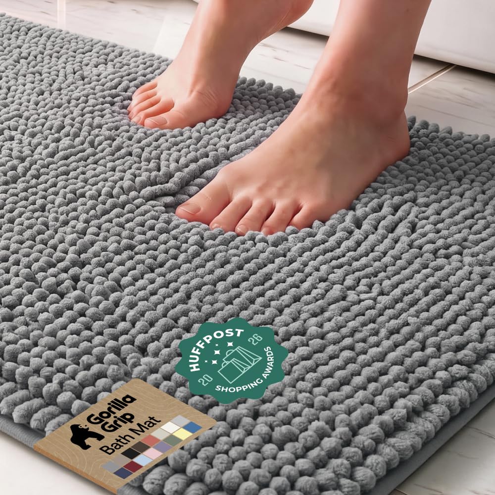 GORILLA GRIP Bath Rug Mat for Bathroom, Absorbent Chenille, 24x17 Gray | Soft Th