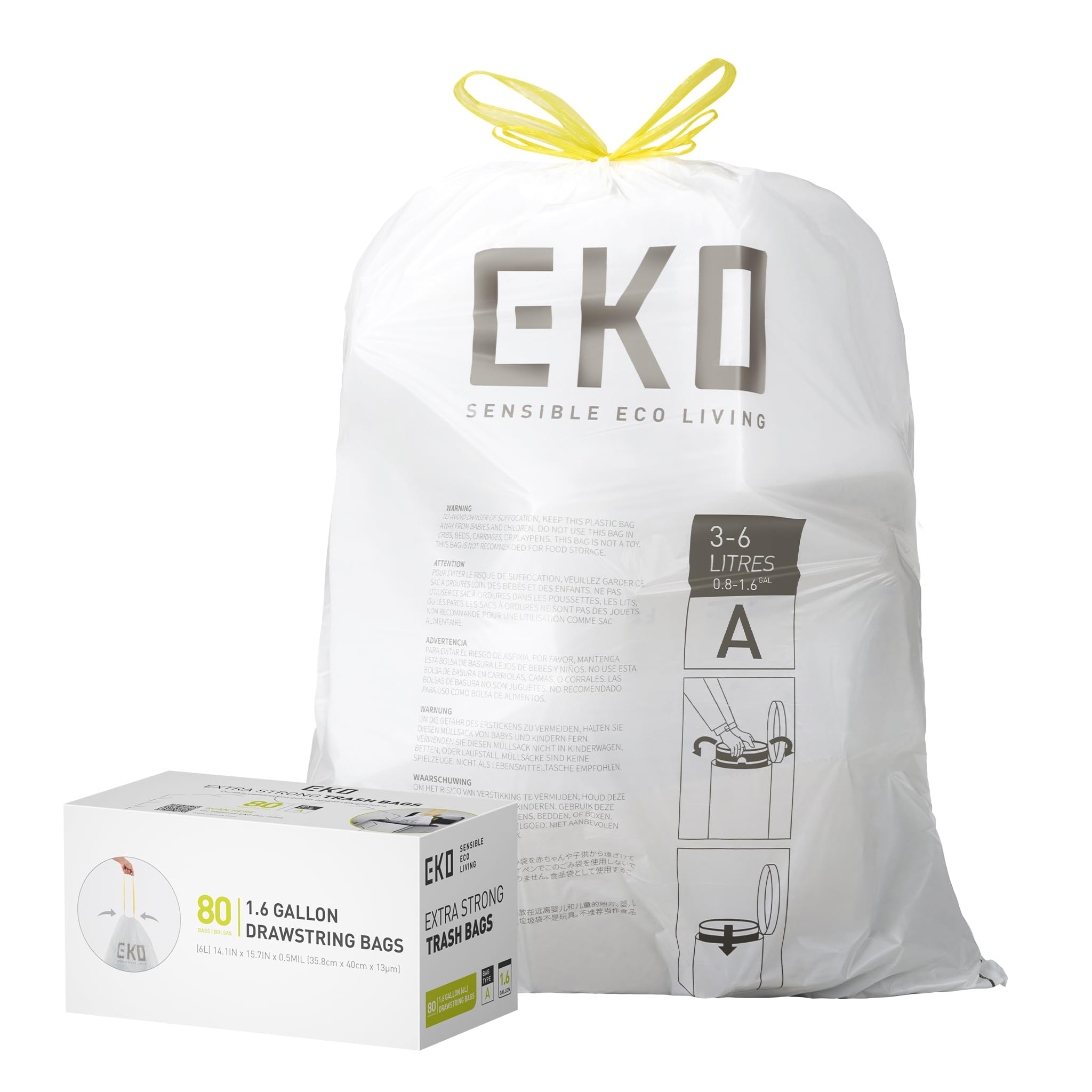 EKO Bin Bags, Kitchen Bin Liners, Drawstring, 3-6 Litre, 80 Count, Code A