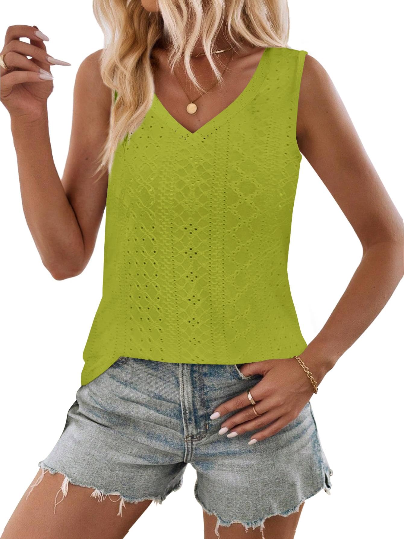 Zeagoo Eyelet Tank Tops for Women V Neck Cute Loose Summer Tops S-XXL