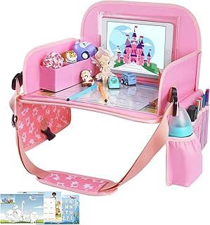 MENZOKE Kids Travel Tray for Toddler Car Seat, Road Trip Activities for Kid | Road Trip Essentials Accessories Lap Tray with iPad Holder Stand & Dry Erase Board as Travel Gifts for Kid, Pink