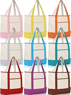 9 Pcs Canvas Tote Bags Bulk with Outer Pocket 18‘', Classic Colors