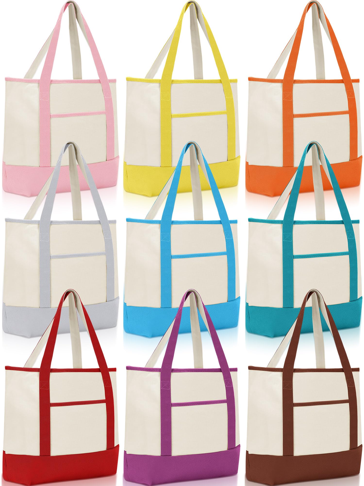 9 Pcs Canvas Tote Bags Bulk with Outer Pocket 18‘', Classic Colors