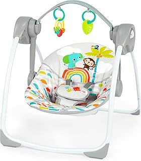 Bright Starts Portable Electric Baby Swing, Newborn to 9 Months | Lightweight & Foldable Swing with 6 Speeds, 10 Soothing Melodies, 2 Hanging Toys, 2-Position Recline, Max Weight 20 lbs