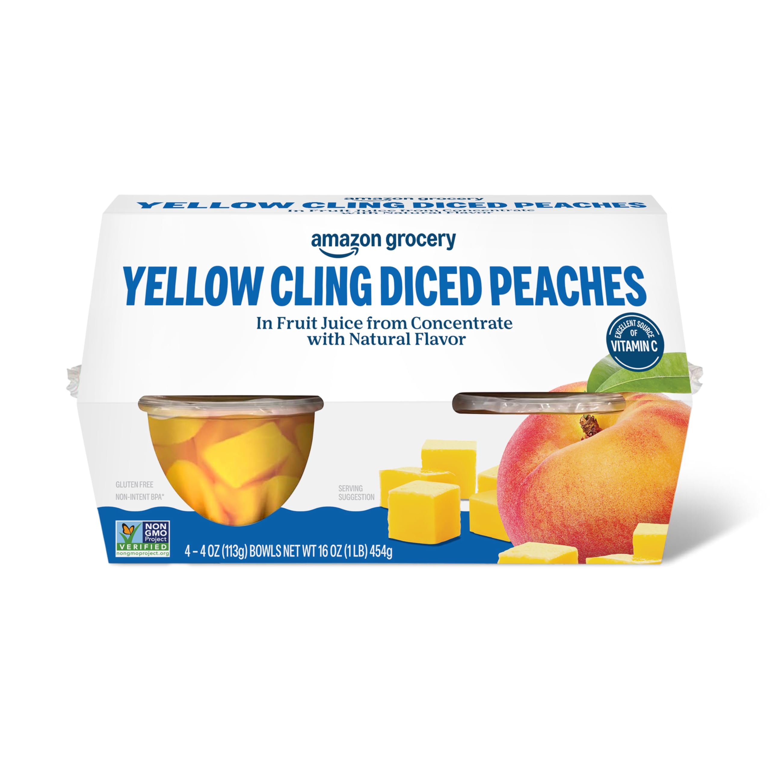 Amazon Fresh, Yellow Cling Diced Peaches in Fruit Juice, 4 Oz Bowls (Pack of 4) 