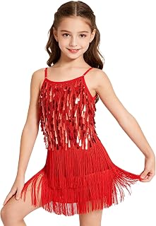 LOLANTA Girls Sequin Fringe Dance Costume Latin Dance Set for Kids Salsa Rumba Sparkly Mini Dress Fringe Dance Sleeveless with Short Pant