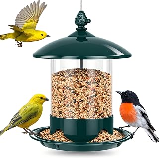 Gbekery Metal Bird Feeders for Outdoors Hanging, 360° Feeding Tray, Green | Chew-Proof Metal Roof & Tray, Clear PC Seed Tube, 4 Feeding Ports & Circular perch, Weatherproof for Garden Backyard WildBird