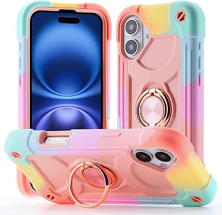 for iPhone 14 Pro Case with 360°Rotate Ring Stand, Military Grade Drop and Shockproof, Full Body Protection, Durable, Heavy Duty, 3 in 1 Protective Case for iPhone 14 Pro (Pink)