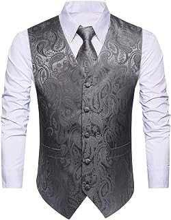 HISDERN Men's Classic Paisley Floral Jacquard Vest and Tie and Pocket