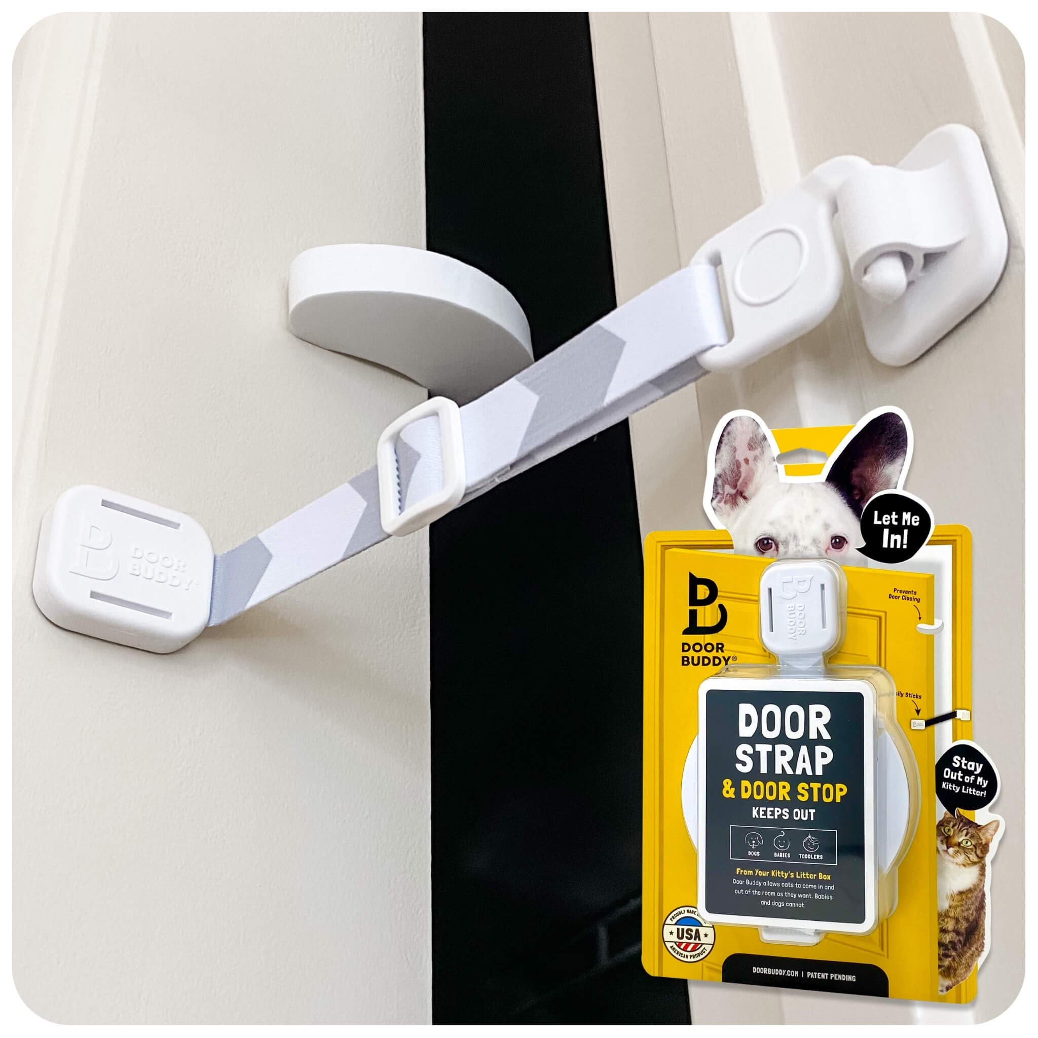Door Buddy Cat Door Latch & Stopper. Adjustable Dog Proof Door Strap for Cats. D