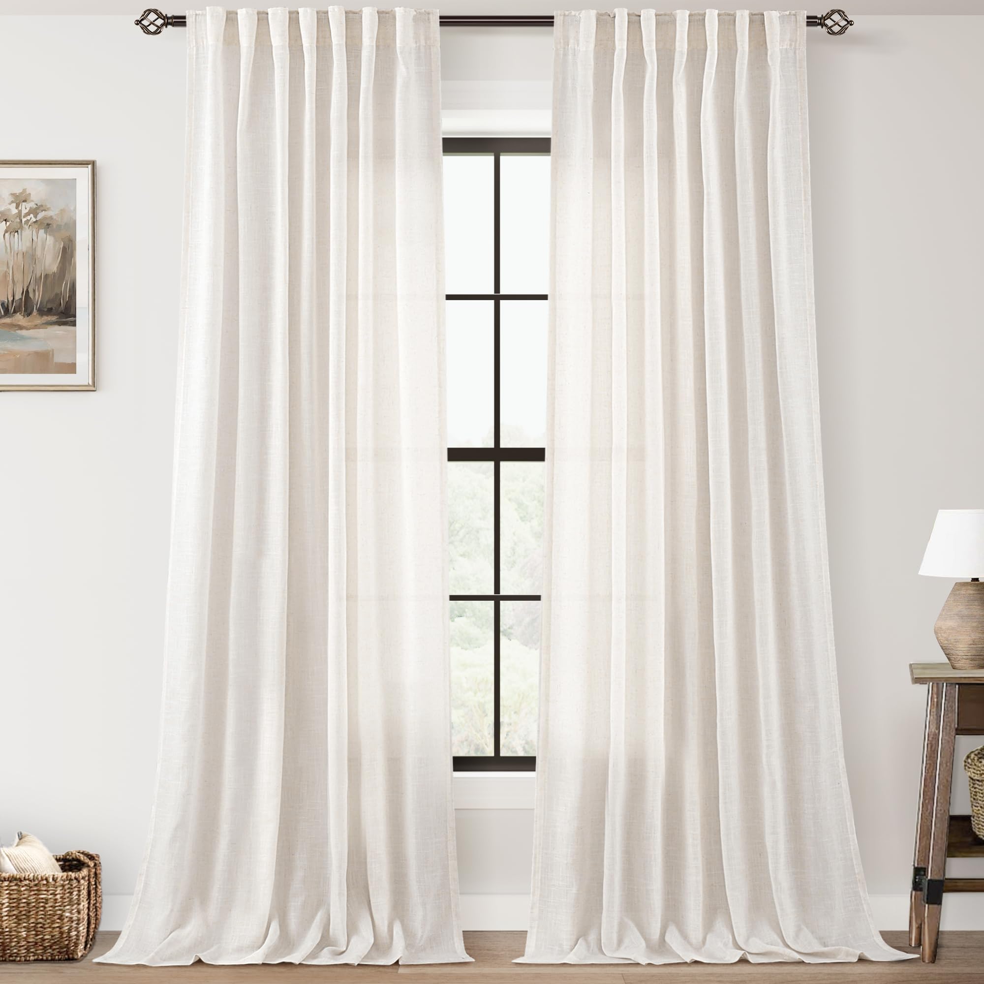 Natural Linen Curtain 102 inch Long 2 Panels Set Back Tab Light Filtering Living