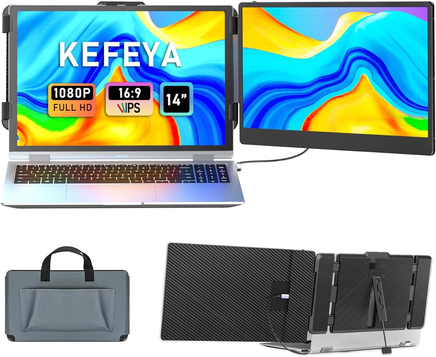 KEFEYA Laptop Screen Extender, 14" FHD 1080P IPS Laptop Monitor Extender Dual Sc