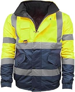 Hi Vis Viz Bomber Jacket High Visibility Workwear Two Tone Safety Security Hooded Padded Waterproof Taped Seams Work Wear Coat Top Plus Sizes S-3XL