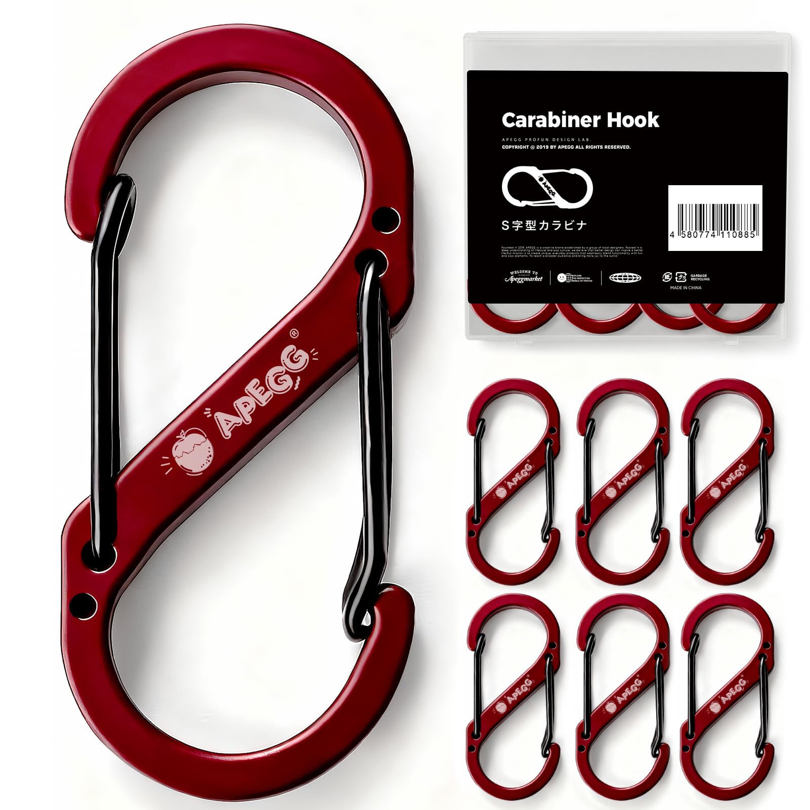 APEGG Climbing Carabiner, Set of 6, S-Shaped, Lightweight, Rustproof, High Hardn