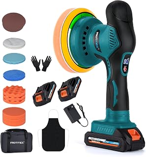 Protmex Cordless Car Buffer Polisher w/ 2x2000mAh 21V Batteries, Blue | 6 Inch Car Buffer Waxer Kit, Car Polishing Machine w/Extra 18 PCS Attachments & 6 Variable Speeds