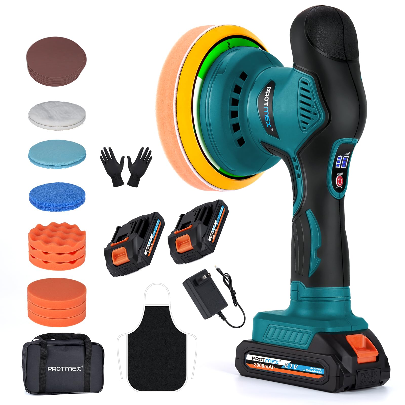 Protmex Cordless Car Buffer Polisher w/ 2x2000mAh 21V Batteries, Blue | 6 Inch C