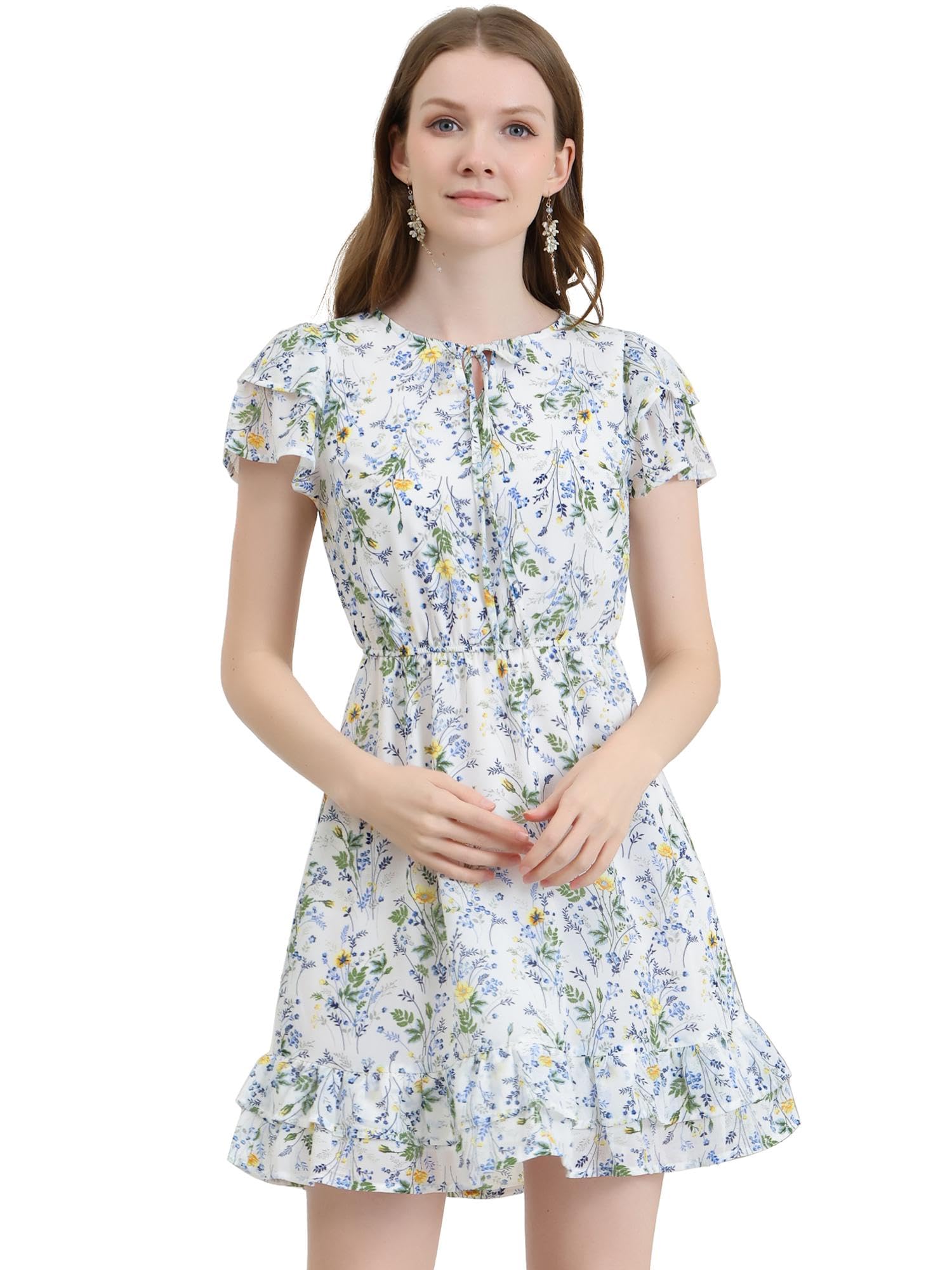 Allegra K Women Ruffle Sleeve A Line Flowy Floral Mini Chiffon Dress