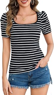 Aottori T-Shirt Short Sleeve Women Basic Top T-Shirt Stripe Elegant Square Neck T-Shirts Cotton Lightweight Casual Pullover Tunic