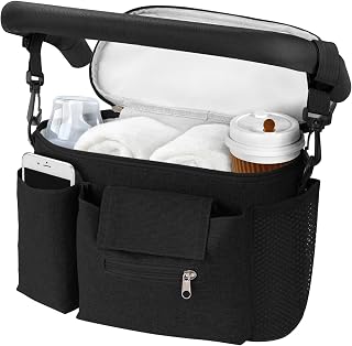 HOTUT Pram Bag,Upgraded Pram Organiser with Touch Screen Phone Pocket,Stroller Organizer with 2 Mesh Bag and Adjustable Shoulder Strap,Baby Pushchair Organiser for Diapers,Wipes,Bottles,Keys(Black)