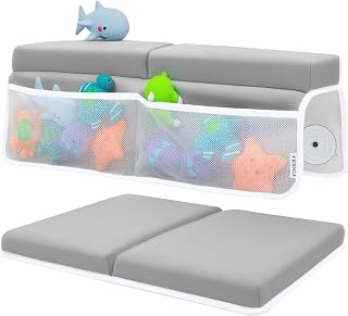 Comfortable Baby Bath Kneeler and Elbow Rest Pad Set - 1.5 Inch, Grey | Memory foam core, bathtub kneeling pad for bathing infants to toddlers, knee mat, toy organizer, machine washable
