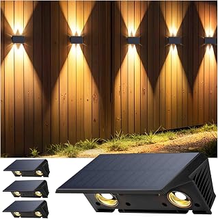 Solar Fence Lights Outdoor Garden, Ambient Atmosphere, 4-Pack Warm White, Up & Down Solar Wall Lights Outdoor, Waterproof, Fence Lights Solar Powered for Yard/Pool/Porch