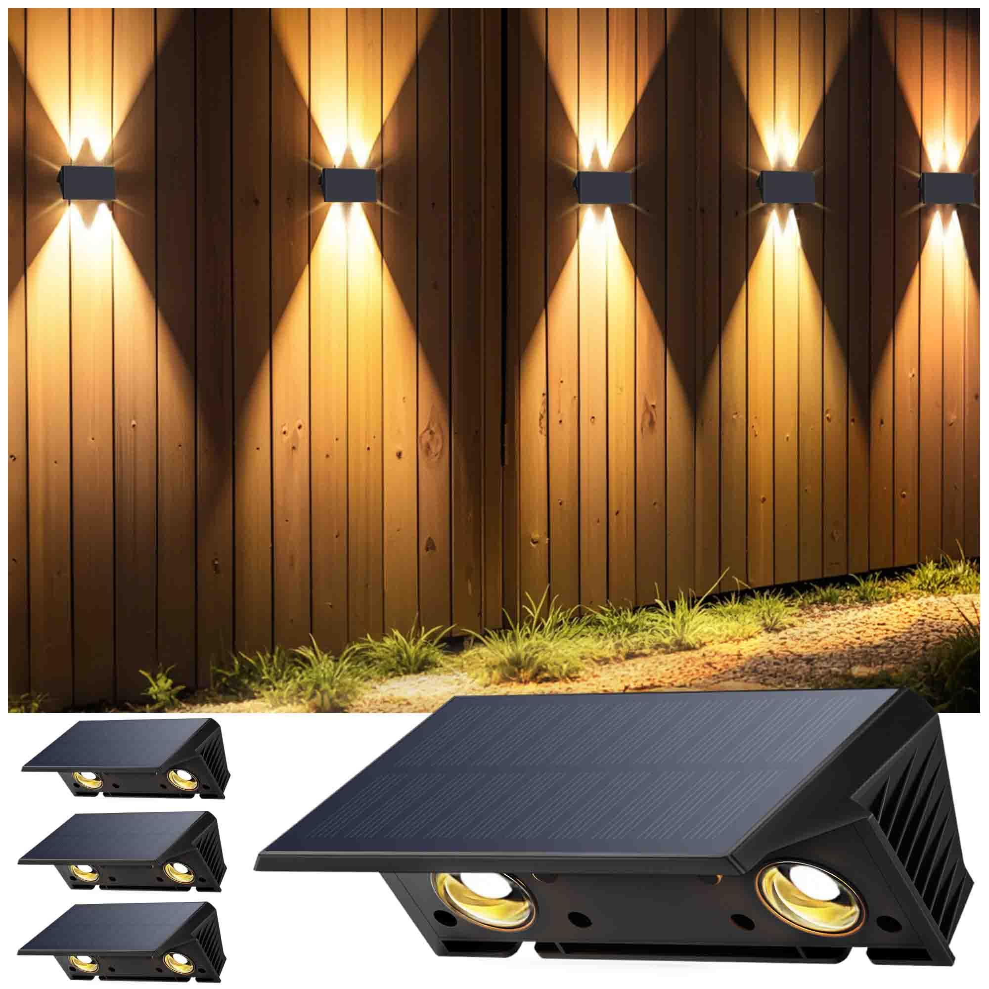 Solar Fence Lights Outdoor Garden, Ambient Atmosphere, 4-Pack Warm White, Up & D