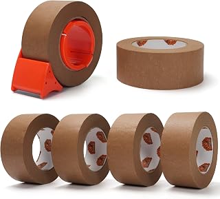 TAPEBEAR Eco-Friendly Kraft Paper Tape with Dispenser, Biodegradable Heavy Duty Packing Tape 5cm*50m, Recyclable Packaging Tape Self Adhesive Box Tape for Shipping, Sealing, Moving, 6Rolls