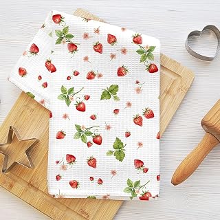 Watercolor Strawberry Kitchen Towels 24x14 Inch, Cute Fruit Floral Pattern, Absorbent Microfiber Dish Cloth Tea Towel, Waffle Hand Towels for Kitchen Home Farmhouse