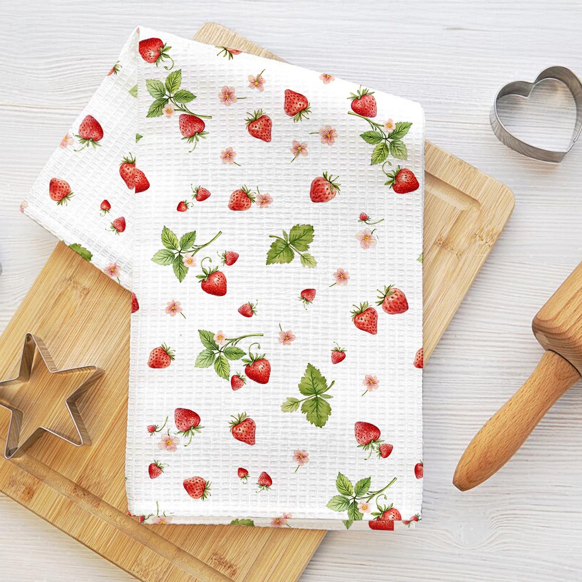 Watercolor Strawberry Kitchen Towels 24x14 Inch, Cute Fruit Floral Pattern, Abso