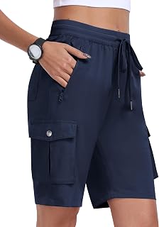 MoFiz Women's 10 Inch Cargo Shorts Lightweight Quick Dry Outdoor Running Athletic Short Summer Travel Loose 6 Pockets
