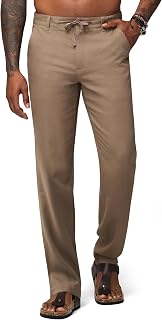 Men's Linen Pants with Drawstring Pockets Straight Leg