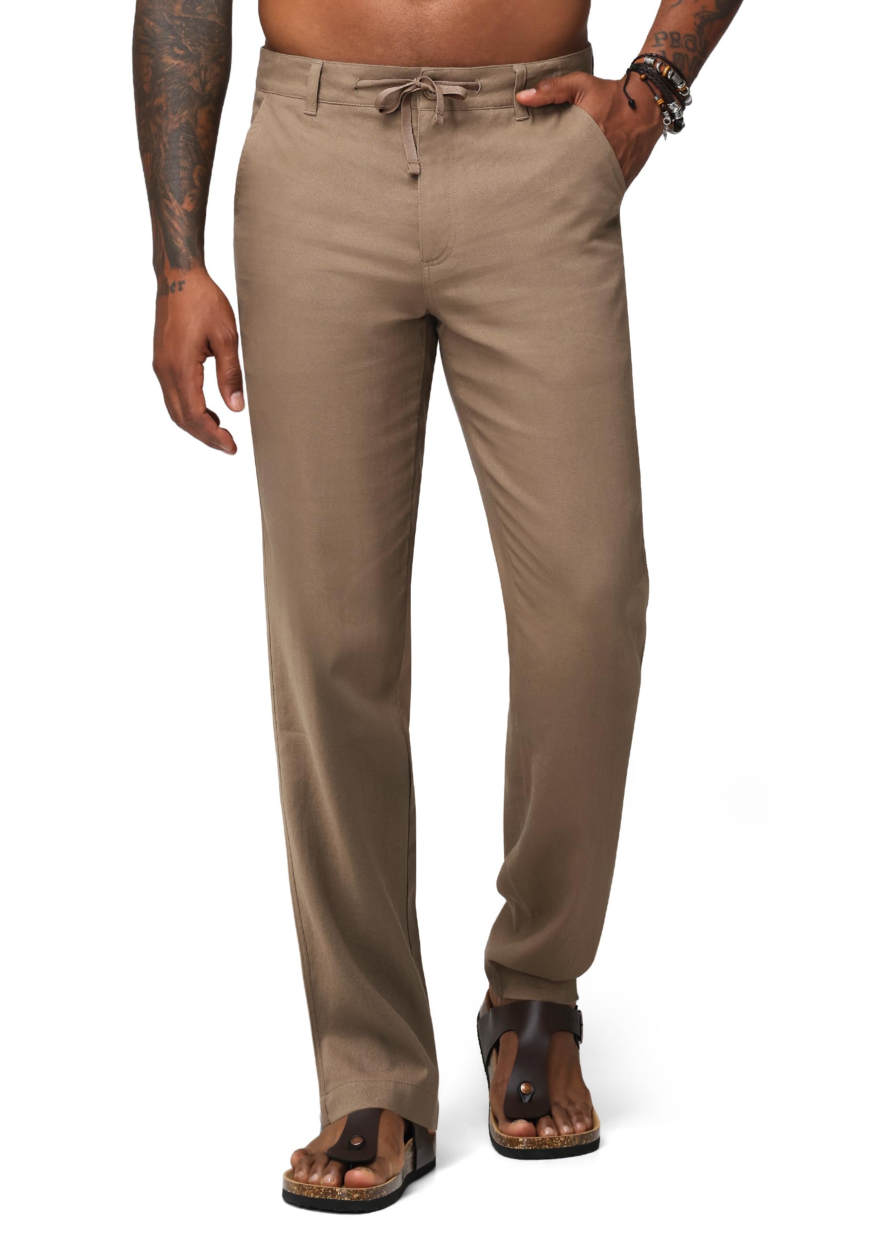 Men's Linen Pants with Drawstring Pockets Straight Leg