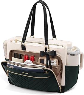 LOVEVOOK Laptop Tote Bag for Women, Work Bag Teacher Tote with Large Cup Holder, Quilted Nurse Diaper Bag for Travel, Computer Women's handbags for Teacher gift, Dark green-beige-black, 15.6 Inch