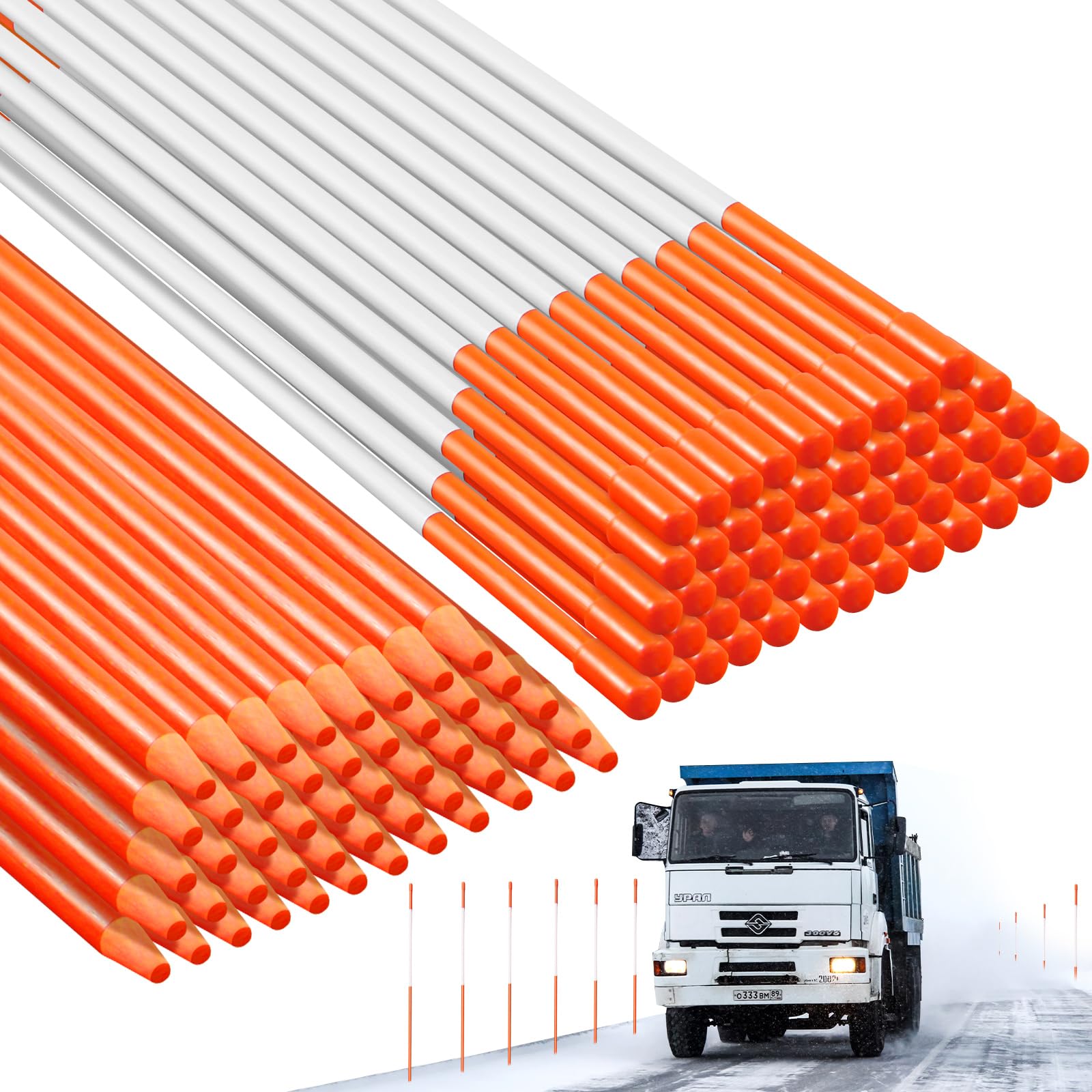 250 Pcs 48'' Reflective Driveway Markers, 1/4 Inch Dia Snow Stakes, Orange | Bul