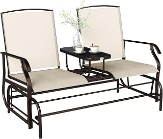 Outsunny Outdoor Glider Bench with Table Patio Loveseat for 2 Persons Beige
