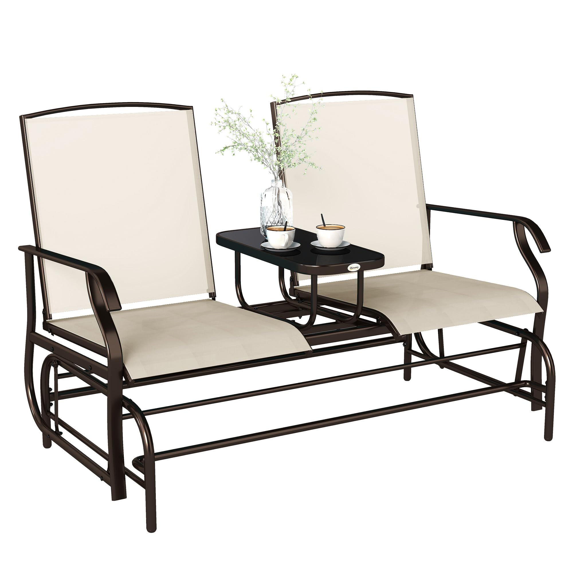 Outsunny Outdoor Glider Bench with Table Patio Loveseat for 2 Persons Beige