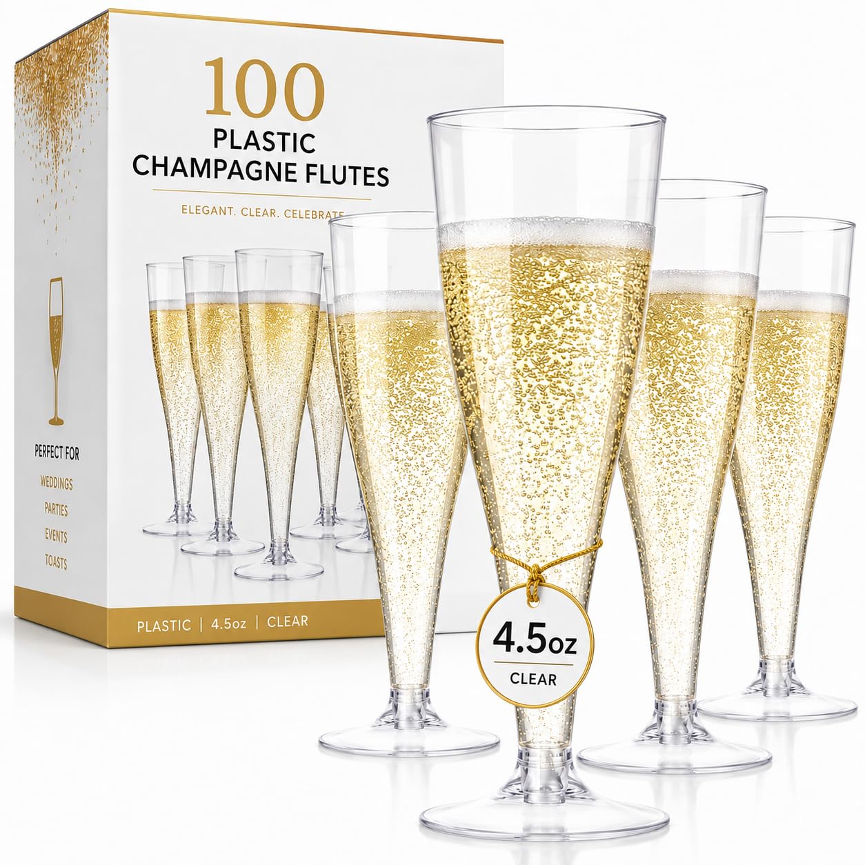 Prestee Disposable Champagne Flutes, 4.5 oz Plastic Champagne Glasses | 100 Coun
