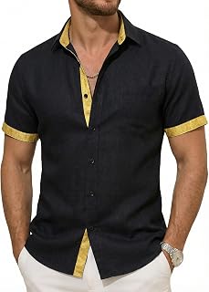 Barry Wang Men's Linen Shirt Summer Short Sleeve Casual Button-Down Beach