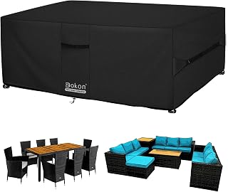 Dokon Waterproof Garden Furniture Cover for Large Outdoor Patio Table Set | Heavy Duty 420D Oxford, Waterproof PU Coating, Windproof Straps & Drawstring, Hidden Vents, Anti-UV, 270x210x90cm, Black