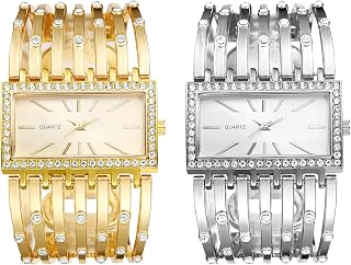 JewelryWe Damen Uhren Elegant Analog Quarz Armbanduhr Strass Rechteckig Beiläufige Uhr mit dreifach Panzerkette Armband