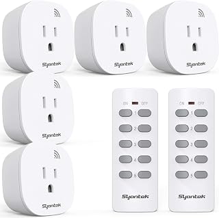 Syantek Remote Control Outlet Wireless Light Switch for Household Appliances, Expandable Remote Light Switch Kit, Up to 100 ft Range, FCC Certified, ETL Listed, White (5 Outlets + 2 Remotes)