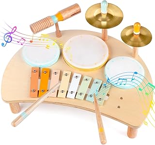 Kids Drum Set, Montessori Toys Wooden Musical Instruments for Baby Toddlers | Drum Kit with Cymbals & Xylophone, Sensory Toys for Music Learning, Fine Motor Skills, Preschool Birthday Gift for Boys Girls