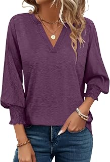 PGANDS Women's V Neck 3/4 Sleeve Tops Dressy Casual Shirts Cute Loose Blouse