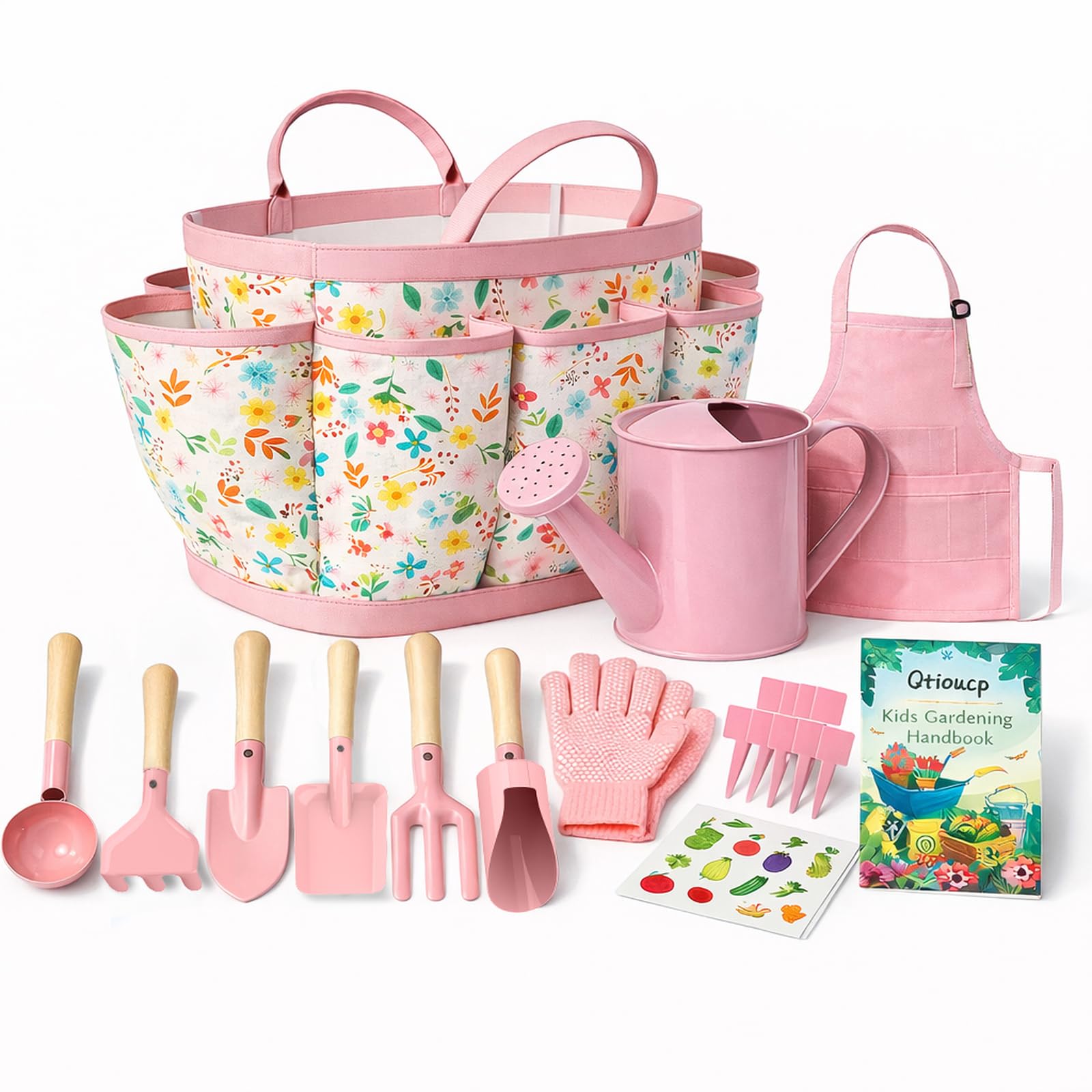 Qtioucp Kids Gardening Set 14Pcs Garden Tools with Tote Bag,Watering Can, Shovel