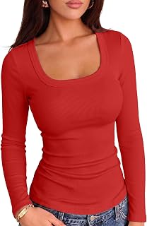 VICHYIE Women Square Neck Ribbed Knit Slim Fitted Casual Top