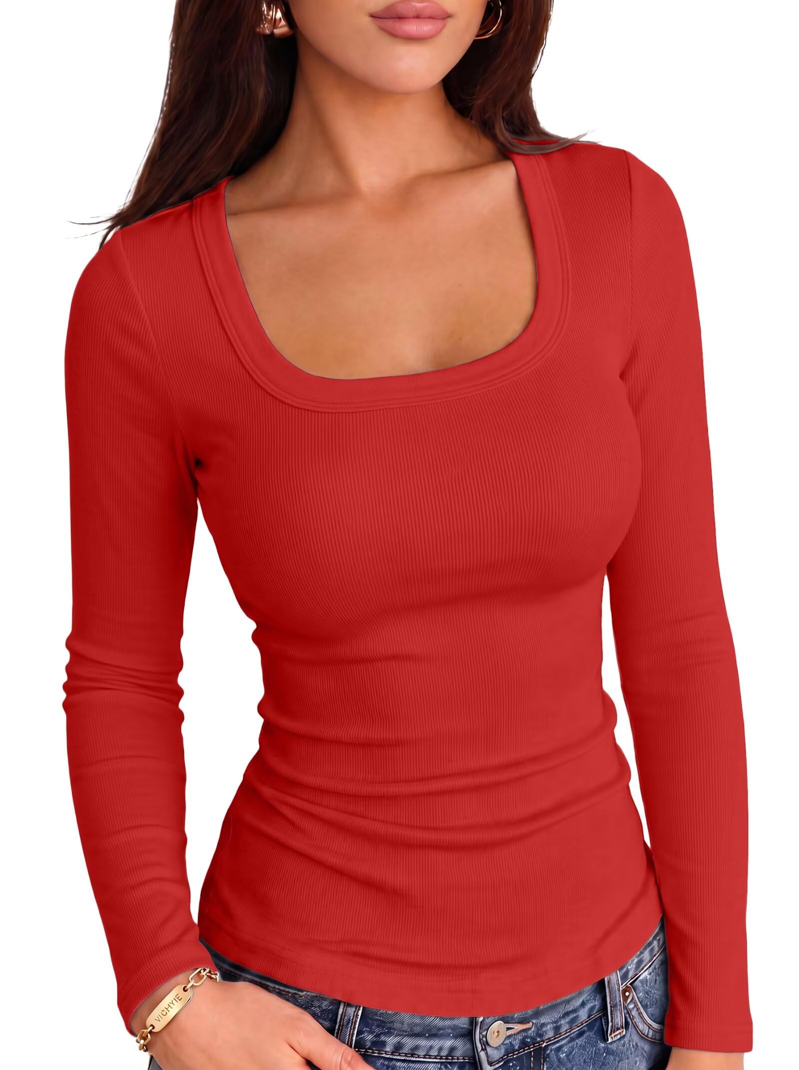 VICHYIE Women Square Neck Ribbed Knit Slim Fitted Casual Top