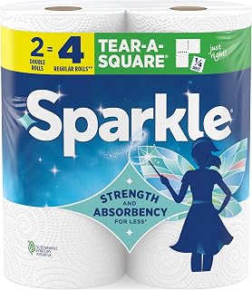 Sparkle Tear-A-Square Kitchen Paper Towels, 2 Double Rolls, 220 Sheets | Strong 2 ply paper towels for kitchen cleanup and everyday messes, absorbent paper towels to wipe surfaces and soak up spills