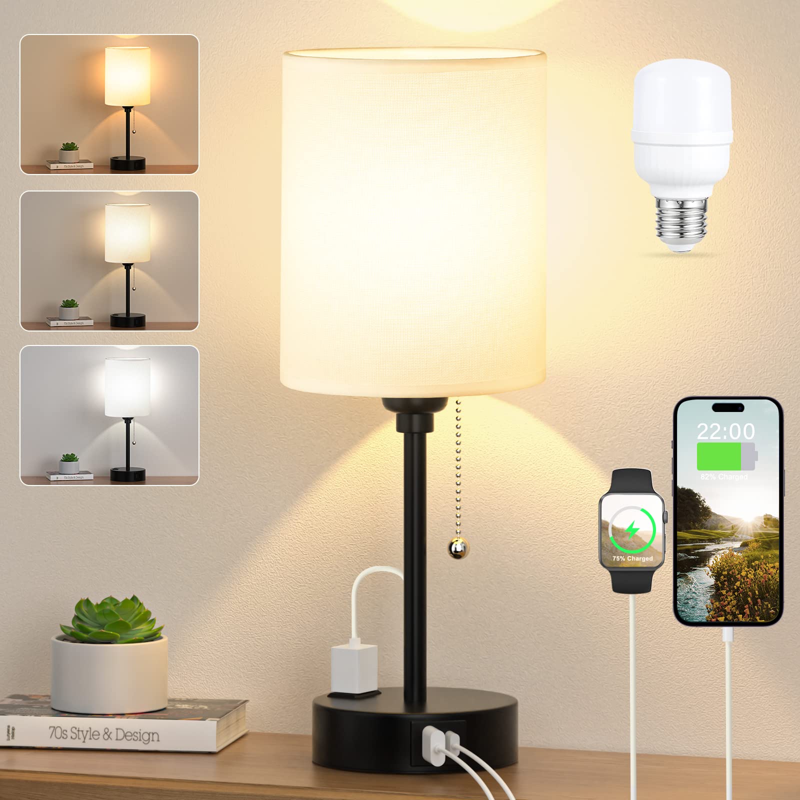 Dicoool Bedside Table Lamp for Bedroom - Small Desk Lamp with USB Ports | USB A+