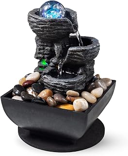 AMOOTEK Tabletop Fountain Indoor Waterfall Meditation Fountain Like Layers of Rock Desktop Water Feature Includes Many Natural River Rock Led Lights Rolling Decorative Bubble Balls Black