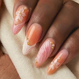 24pcs/box French Style 3D Carved Flower False Nail Reusable Elegant Pink Pushing Nails, Length 1.9-2.5cm